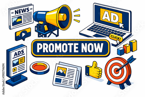 Marketing Campaign Reach Advertising Marketing Ads, clean focused isometric hero scene with one oversized megaphone billboard and one large digital ad laptop