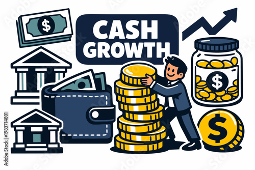 Coins Money Finance Series flat vector digital illustration, doodle flat, thick outline, expressive characters, simple shapes, playful proportions, exaggerated