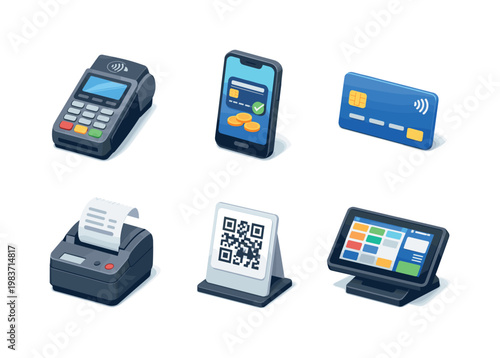 POS system. Isometric flat vector icons set of POS system: touchscreen checkout terminal, barcode scanner, receipt printer, cashless card reader, product