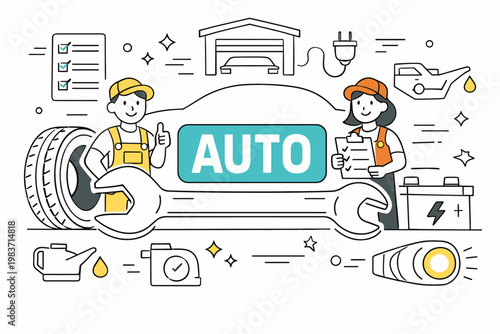 Car Automotive Outline Icons. Car and automotive service editorial banner with geometric characters beside an oversized car silhouette and large wrench across