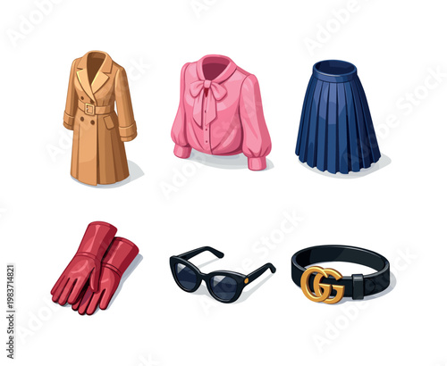 Luxury fashion accents. Isometric flat vector icons set of luxury fashion accents: tailored long coat, silk blouse, pleated midi skirt, leather gloves,