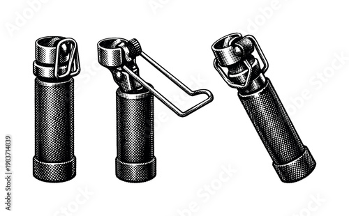 Spark lighter for gas welding shown as the same handheld tool in closed view, open striking position, and angled perspective with realistic proportions and
