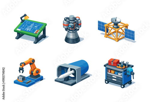 Aerospace engineering. Isometric flat vector icons set of aerospace engineering: rocket blueprint desk, propulsion engine module, satellite structure frame,