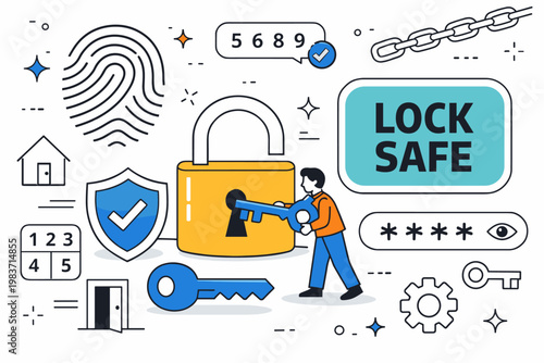 Padlock Security Access. Clean editorial banner about privacy and secure access, one user unlocking an oversized padlock beside a shield and key, large