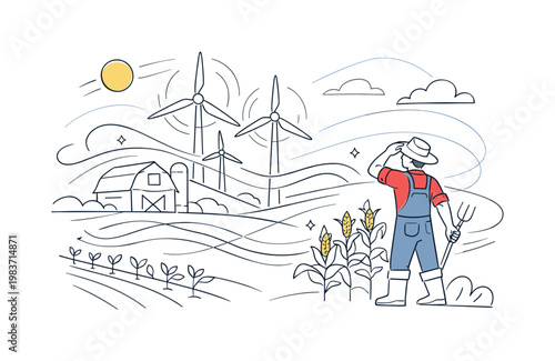 Sustainable greenhouse energy. Bright greenhouse with solar roof panels, plants growing in neat rows, soft light filling the space. Farmer adjusting climate