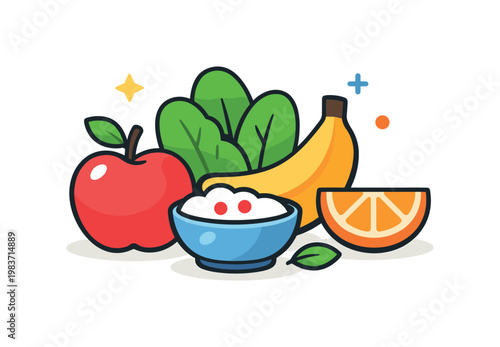 Balanced diet shows a cheerful arrangement of fruit, greens, and a small bowl, creating a clean visual metaphor for variety, nourishment, and healthy daily