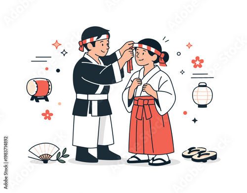 Festival preparation and costume fitting. Two characters help each other with traditional uniforms before a ritual celebration, showing careful dressing,