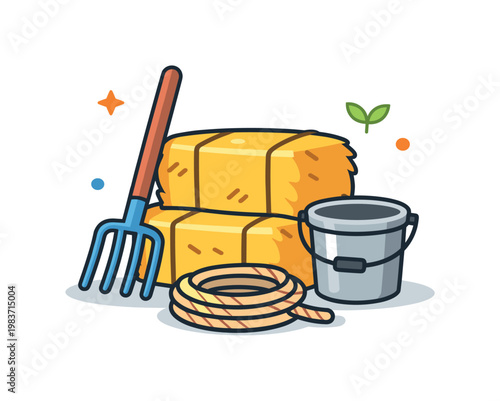 Agricultural storage concept representing organization and abundance, a tidy barn scene with evenly stacked hay blocks and minimal scattered tools forming a