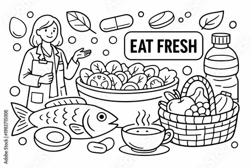 Healthy Food Nutrition. Clean outline line art banner of balanced nutrition with dietitian beside oversized salad bowl and fish, fruit basket and water bottle