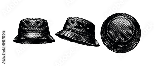 Hat bucket hat A realistic bucket hat with soft downward brim shown in three views: front view, side view, and top view, focusing on fabric folds and circular