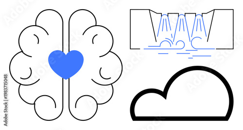 Mental wellness, nature conservation, emotional balance, environmental sustainability, climate awareness, mindfulness. Blue heart in a brain, waterfall black cloud outline. Mental wellness