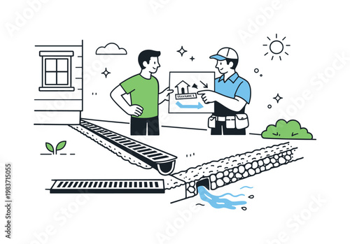 Outdoor drainage solution. A clean backyard scene with a homeowner and a contractor reviewing a simple drainage plan near the house. Water is guided away