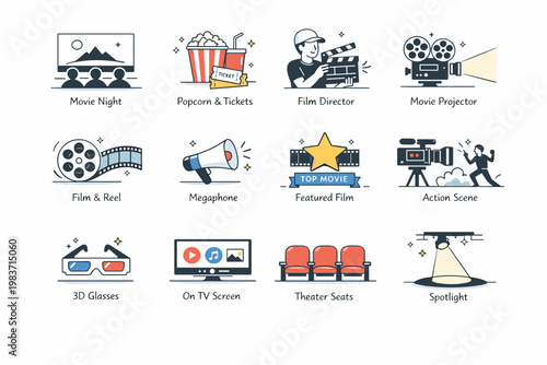 Cinema Movie Moments. Films, theaters, directors, tickets, video entertainment and audience experiences. minimalist editorial vector scenes: an audience