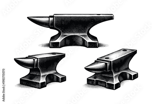 European pattern anvils, traditional continental anvil with a broad heel, short horn, thick body, and massive base, shown as the same object in side elevation,