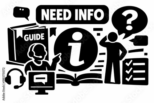 Information Help Guide Icons. Clean solid/filled composition with assistant and user beside oversized info circle and giant guidebook, large question bubble