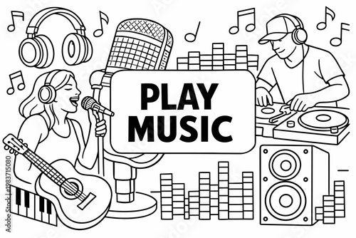 Music Audio Essentials. Clean outline line art banner scene of a music studio with singer and dj, oversized microphone and speaker as the main objects,