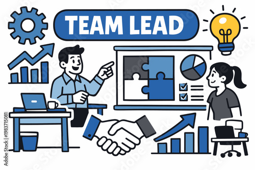 Business Management Series flat vector digital illustration, doodle flat, thick outline, expressive characters, simple shapes, playful proportions, exaggerated