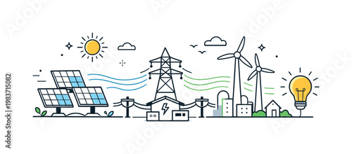 Solar and wind integration. Solar panels and wind turbines smoothly feeding energy into a shared grid line. The scene conveys collaboration between renewable