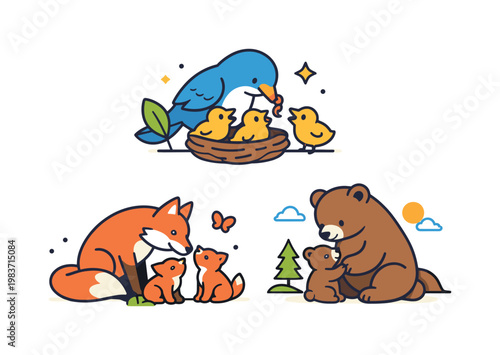 Parental care in animal groups showing an adult figure with younger animals and small nurturing details that suggest feeding, teaching, or guidance. A gentle