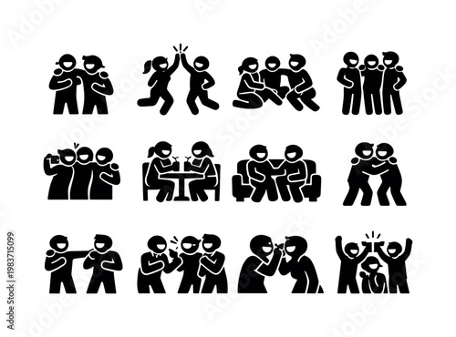 Friends Laughing. Solid icon set of Friends Laughing: best friends laughing, friends high five laughing, friends sitting and laughing, friends standing