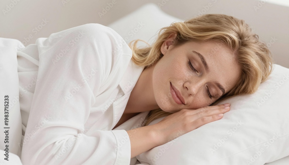 Fototapeta premium Relaxed blonde woman sleeping peacefully on a white pillow and bedding, wearing white pajamas in a softly lit bedroom
