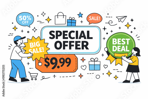 Sale Sticker Badges. Promotion badge scene with two geometric characters spread across the full canvas, one placing an oversized starburst sticker beside a