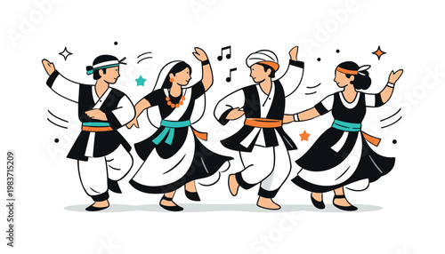 Ritual dance uniforms. Performers in coordinated ceremonial outfits move in a rhythmic formation, suggesting tradition, music, and shared celebration. Flowing