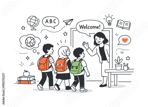 Migrant Children & Access to Education. Children with backpacks entering a classroom or learning space, welcomed by a teacher in a warm and inclusive moment.