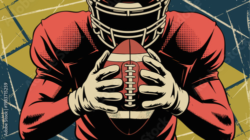 Vintage American football player holding ball in red uniform, bold retro sports illustration with grunge texture background