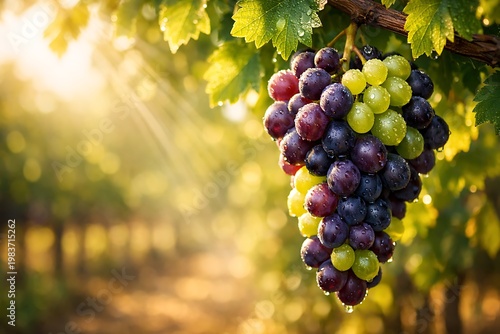 Sunlit purple and green grapes hanging on vine in morning vineyard with dew drops