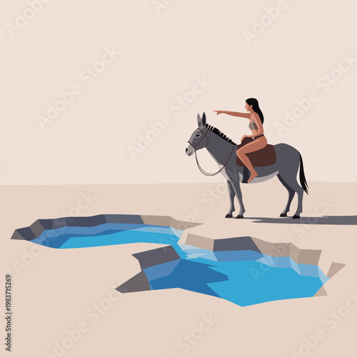 Minimal desert traveler woman riding donkey near oasis water, flat vector illustration of journey, direction and exploration