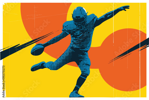 Dynamic American Football Quarterback Throwing Pass in Retro Pop Art Vector Illustration with Bold Yellow Orange Background