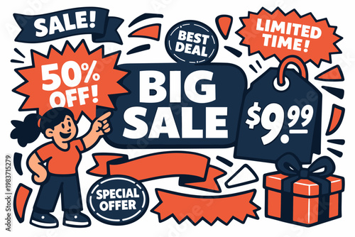 Sale Sticker Series flat vector digital illustration, doodle flat, thick outline, expressive characters, simple shapes, playful proportions, exaggerated scale,