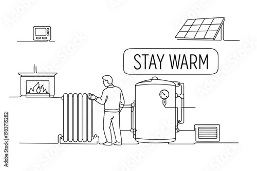 Home Heating Systems. Clean one-line drawing composition of a homeowner adjusting indoor temperature beside an oversized radiator and giant boiler unit, with