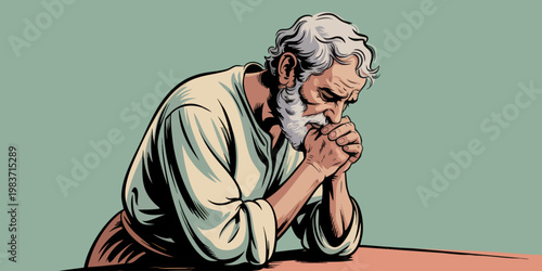 Elderly Bearded Man Praying in Deep Reflection, Vintage Religious Illustration with Muted Green Background and Copy Space