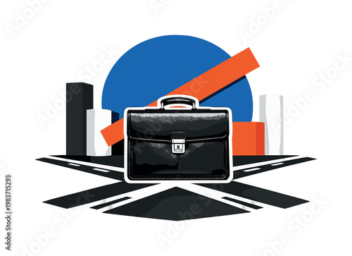 Black and white briefcase placed at a symbolic intersection marked by geometric road lines, deep blue circular halo intersected by diagonal orange stripe,