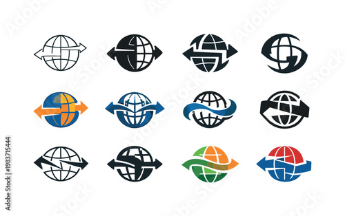 The impact of tariffs and trade policies on global commerce. Icon set. Set Logo of the impact of tariffs and trade policies on global commerce: globe with