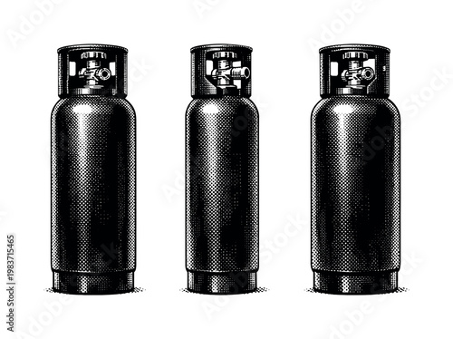 Acetylene cylinder presented as the same tank in front view, side view, and three-quarter view with realistic proportions and precise body, valve, and top