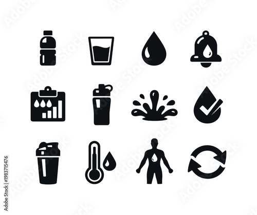 Hydration and Water Intake. Solid icon set of Hydration and Water Intake: water bottle, drinking glass, water drop, hydration reminder bell, daily intake