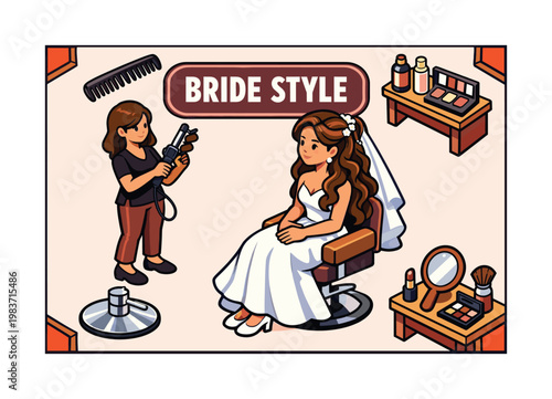 Isometric Beauty Salon Series hairdresser bride icon set, collection of isometric vector icons themed around hairstyling and bridal beauty, ? clean isometric