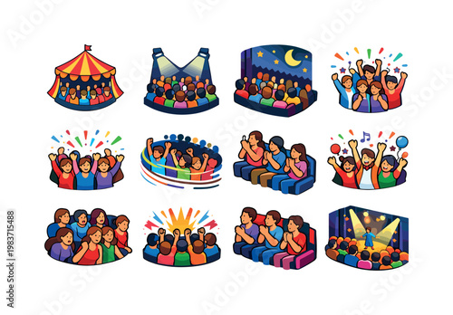 Showtime Crowd. Colorful isometric vector icons set of Showtime Crowd: crowd under big top, spotlighted audience, night show spectators, people cheering