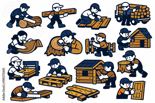 Wood Material Series flat vector digital illustration, doodle flat, thick outline, expressive characters, simple shapes, playful proportions, exaggerated