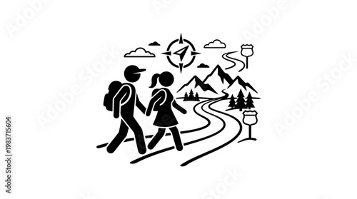 Couple Hiking Adventure with Mountain and Compass