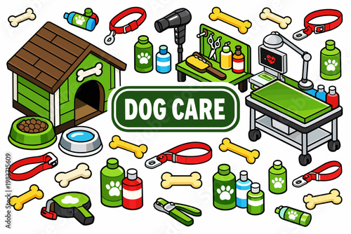 Dog Care Essentials Collection of isometric vector icons showing dog bowl, bone, leash, collar, pet carrier, grooming scissors, shampoo bottle, dog house, paw