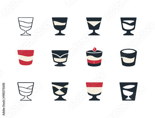 panna cotta. Icon set. Set Logo of panna cotta: dessert glass with layered cream. harmonious logo variations of the same emblematic concept, each