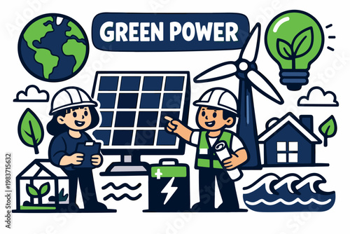 Renewable Energy Series flat vector digital illustration, doodle flat, thick outline, expressive characters, simple shapes, playful proportions, exaggerated