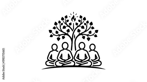 Meditating Figures Under a Sacred Bodhi Tree