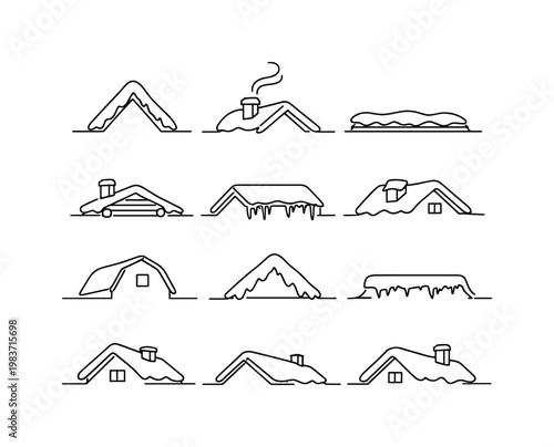 Cozy Winter Rooflines. Minimalistic set one-line drawing steep roof with snow, chimney stack with smoke, roof ridge with snow, cabin roof silhouette, house