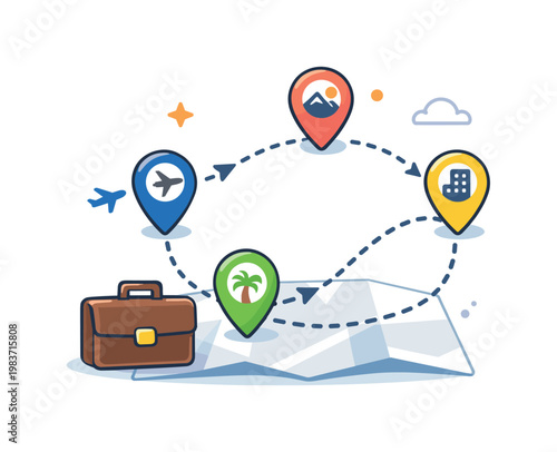 Business trip route featuring a tidy map with connected destination pins, a briefcase accent, and a smooth directional flow between scheduled stops. The