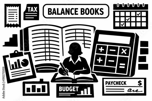 Bookkeeping Finance Records. Clean solid/filled composition of a bookkeeping scene with one accountant, oversized ledger book and calculator as dominant